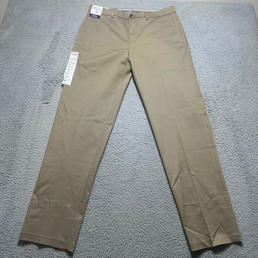 Haggar Mens 32x32 Premium Khaki Pants Iron Free Straight Fit Stretch NWT
